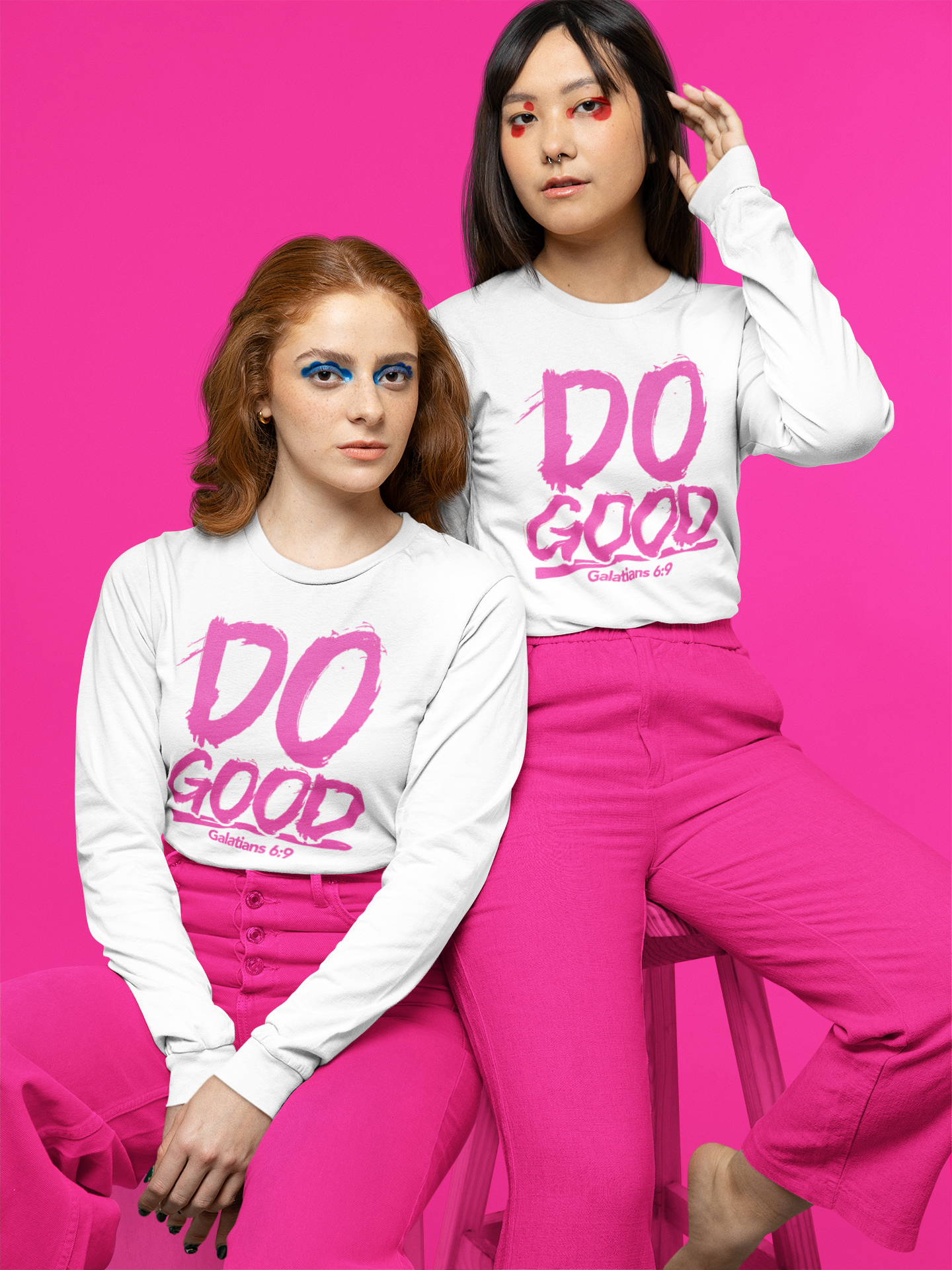 Do Good Long Sleeve Tee Hot Pink Print